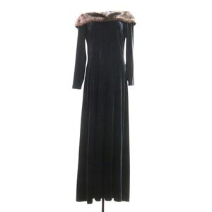 Vtg Y2K Cachet Gown Dress Fur Trim Stretch Velvet Formal Prom Black Women 12